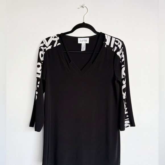 Joseph Ribkoff Tops - Joseph Ribkoff Canada Black V-Neck Cutout Stretch Top  Abstract Sleeve Size 4